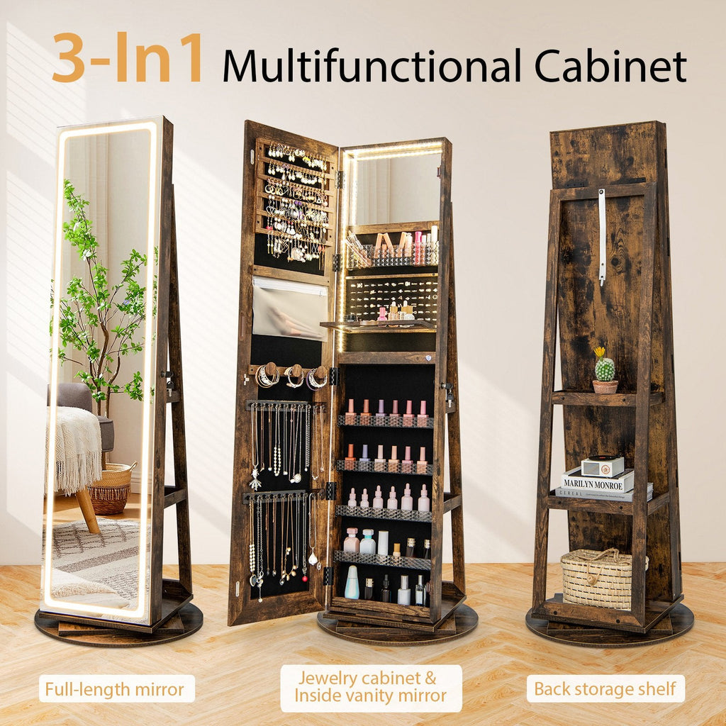 Standing Jewelry Cabinet with Adjustable LED Lights-Coffee