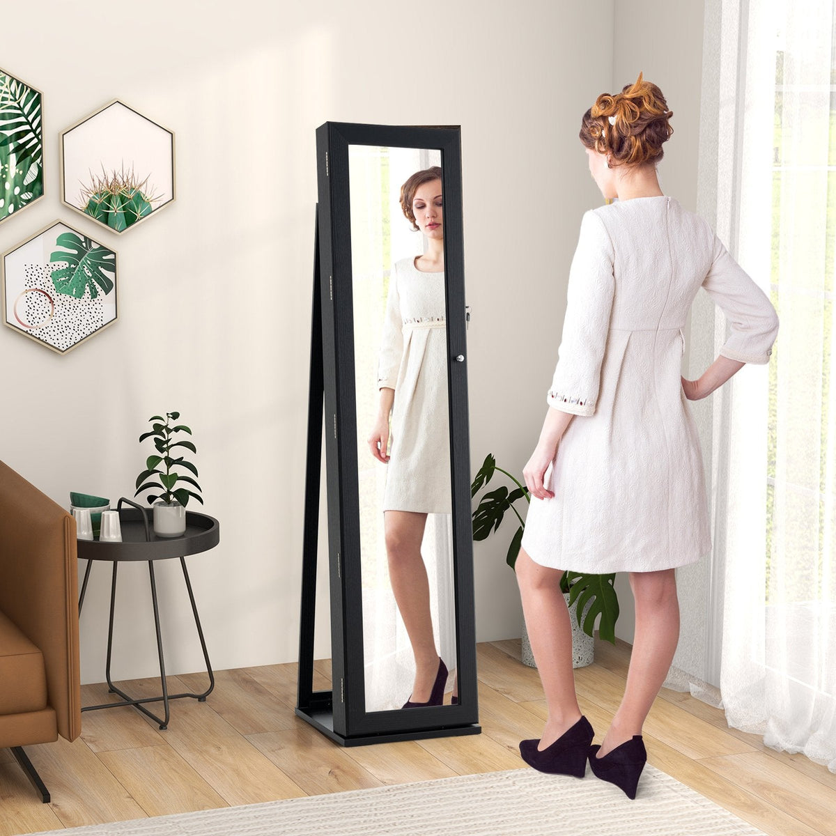Standing Lockable Jewelry Storage Organizer with Full-Length Mirror-Black