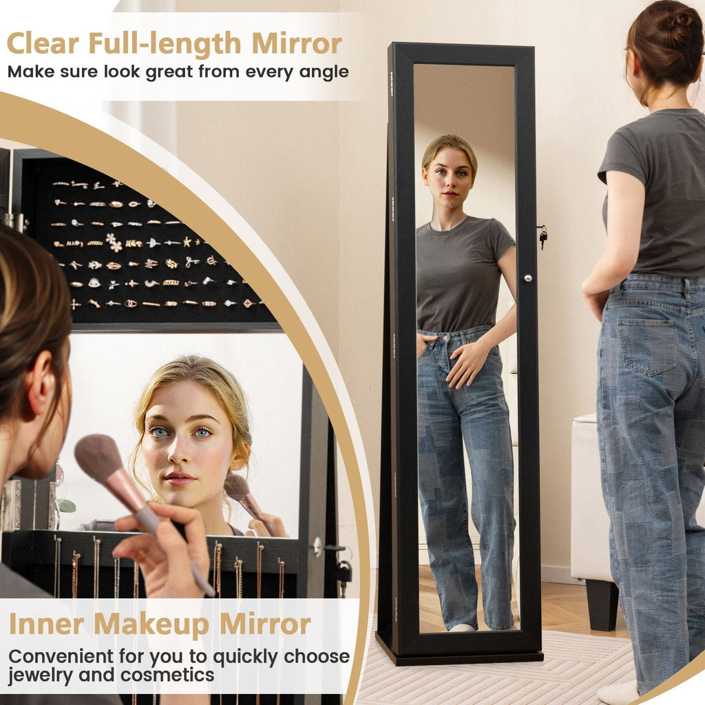 Standing Lockable Jewelry Storage Organizer with Full-Length Mirror-Black