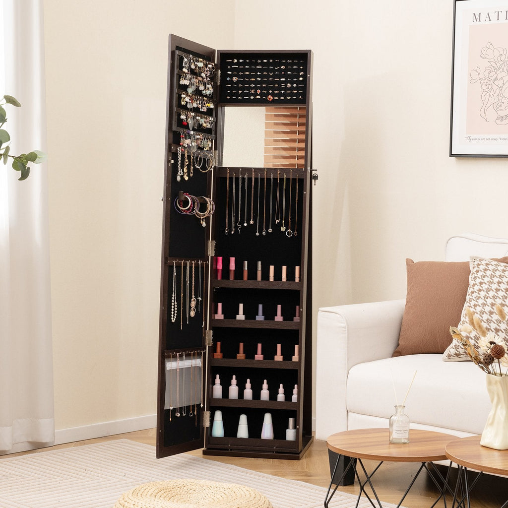 Standing Lockable Jewelry Storage Organizer with Full-Length Mirror-Coffee