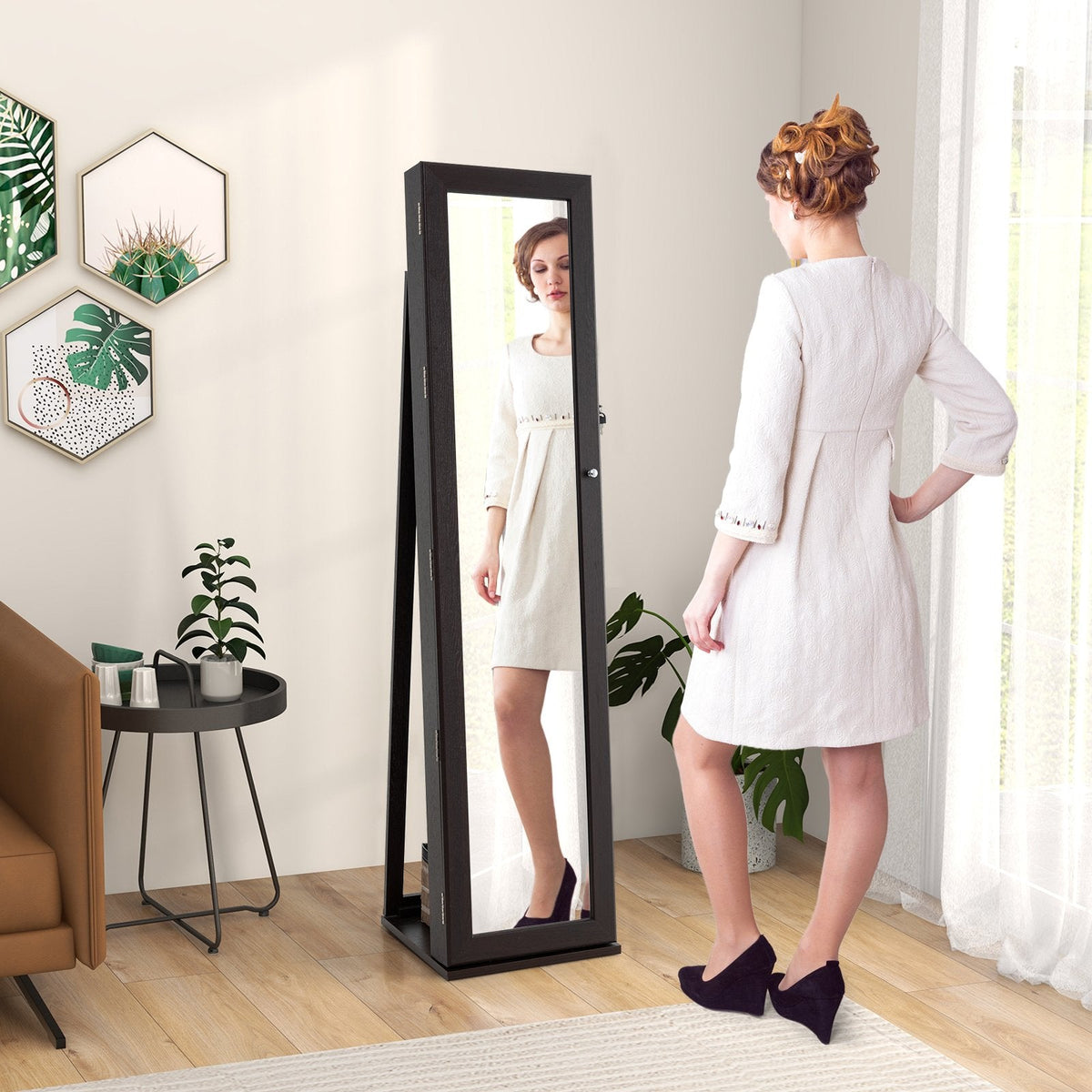 Standing Lockable Jewelry Storage Organizer with Full-Length Mirror-Coffee