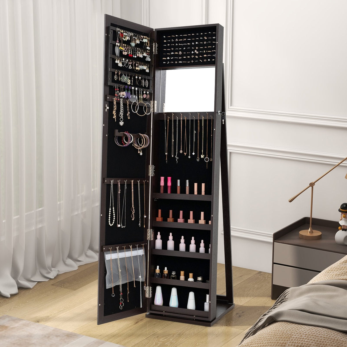Standing Lockable Jewelry Storage Organizer with Full-Length Mirror-Coffee
