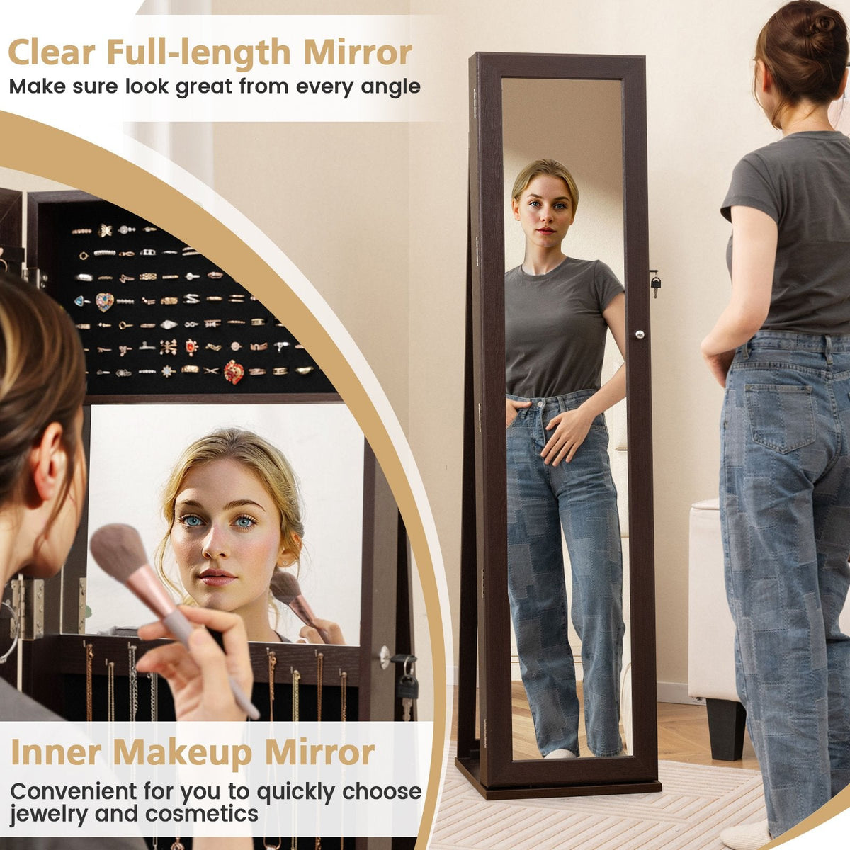 Standing Lockable Jewelry Storage Organizer with Full-Length Mirror-Coffee