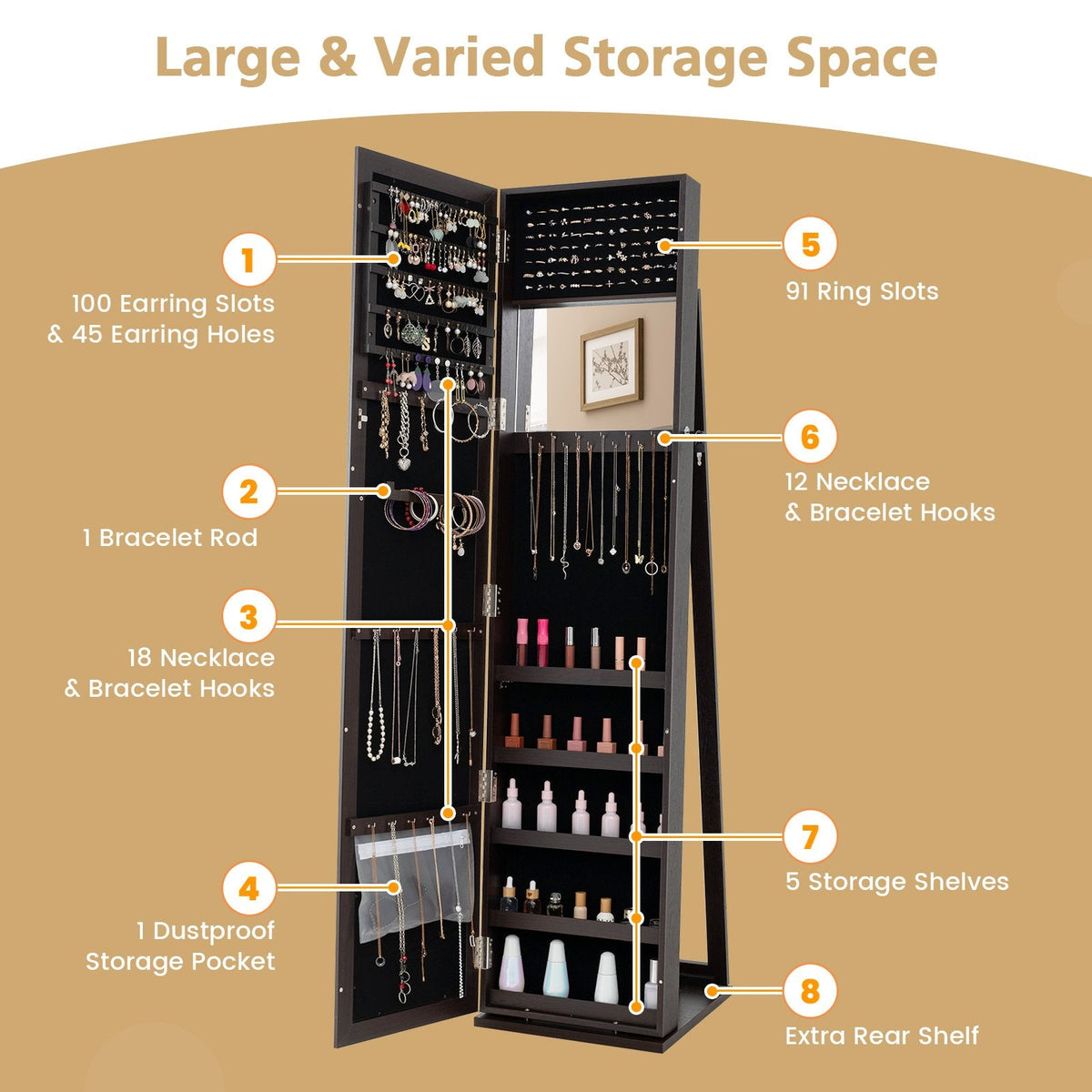Standing Lockable Jewelry Storage Organizer with Full-Length Mirror-Coffee