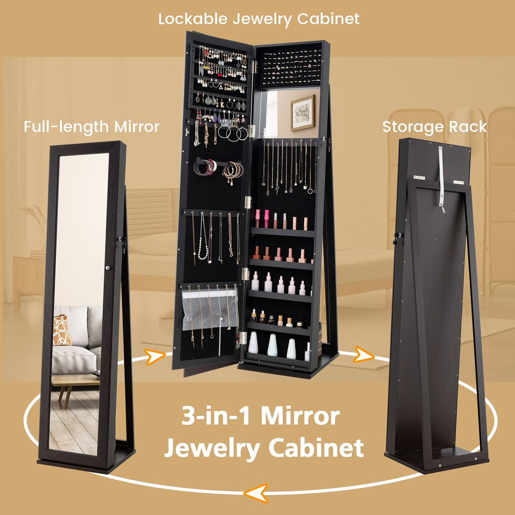 Standing Lockable Jewelry Storage Organizer with Full-Length Mirror-Coffee