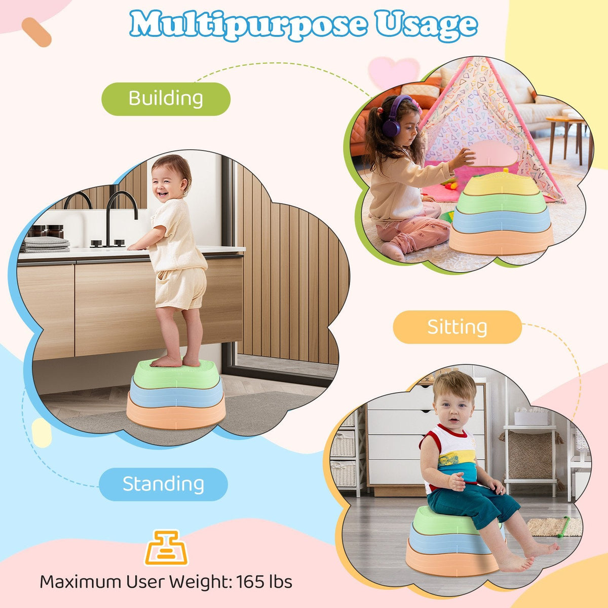 Stepping Stones for Kids 5 PCS Non-Slip Balance Stones with Storage Bag-Macaron