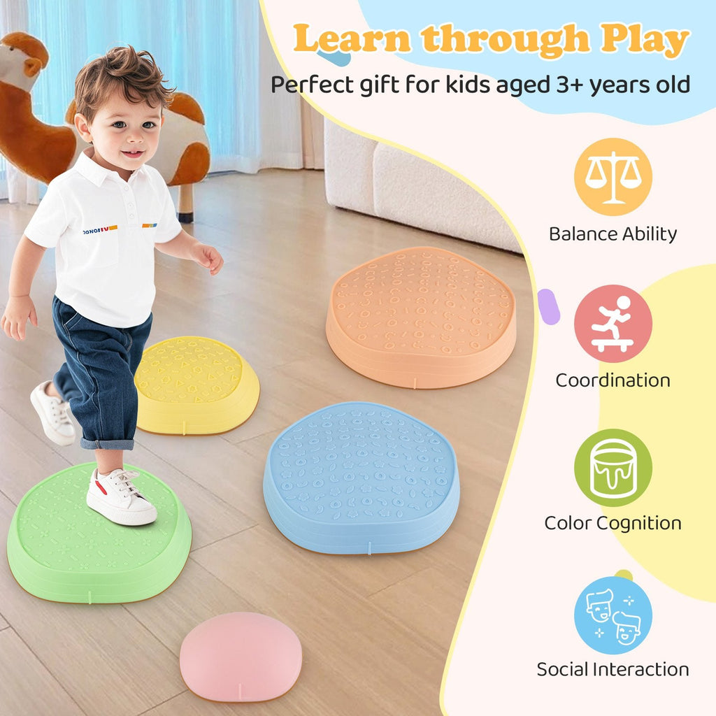 Stepping Stones for Kids 5 PCS Non-Slip Balance Stones with Storage Bag-Macaron