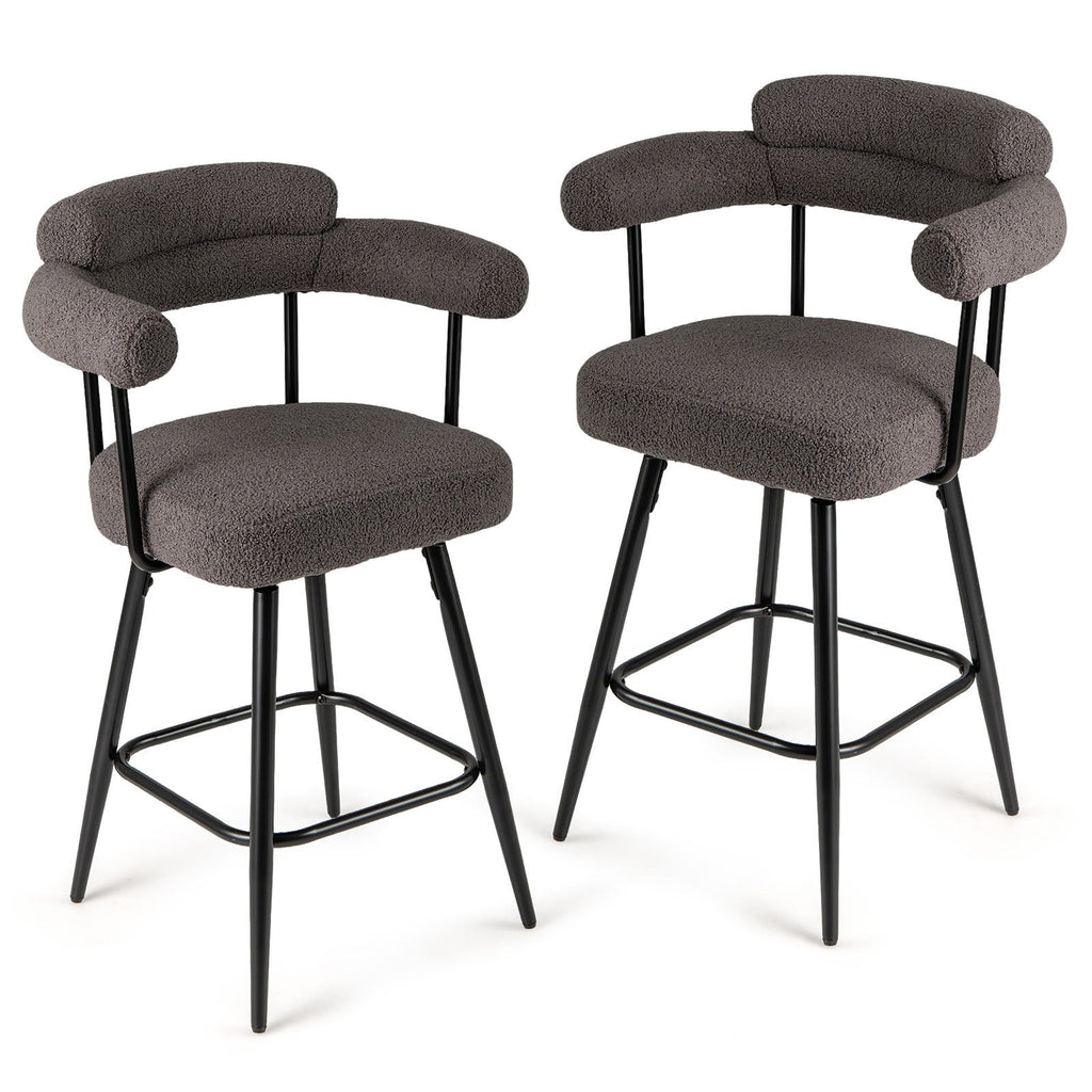 Set of 2 Boucle Swivel Counter Chairs with Arms in Grey, 27 Inch Seat Height