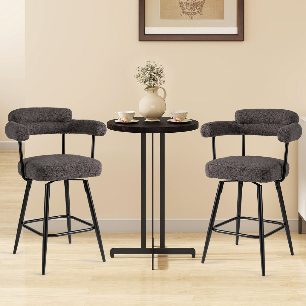 Set of 2 Boucle Swivel Counter Chairs with Arms in Grey, 27 Inch Seat Height