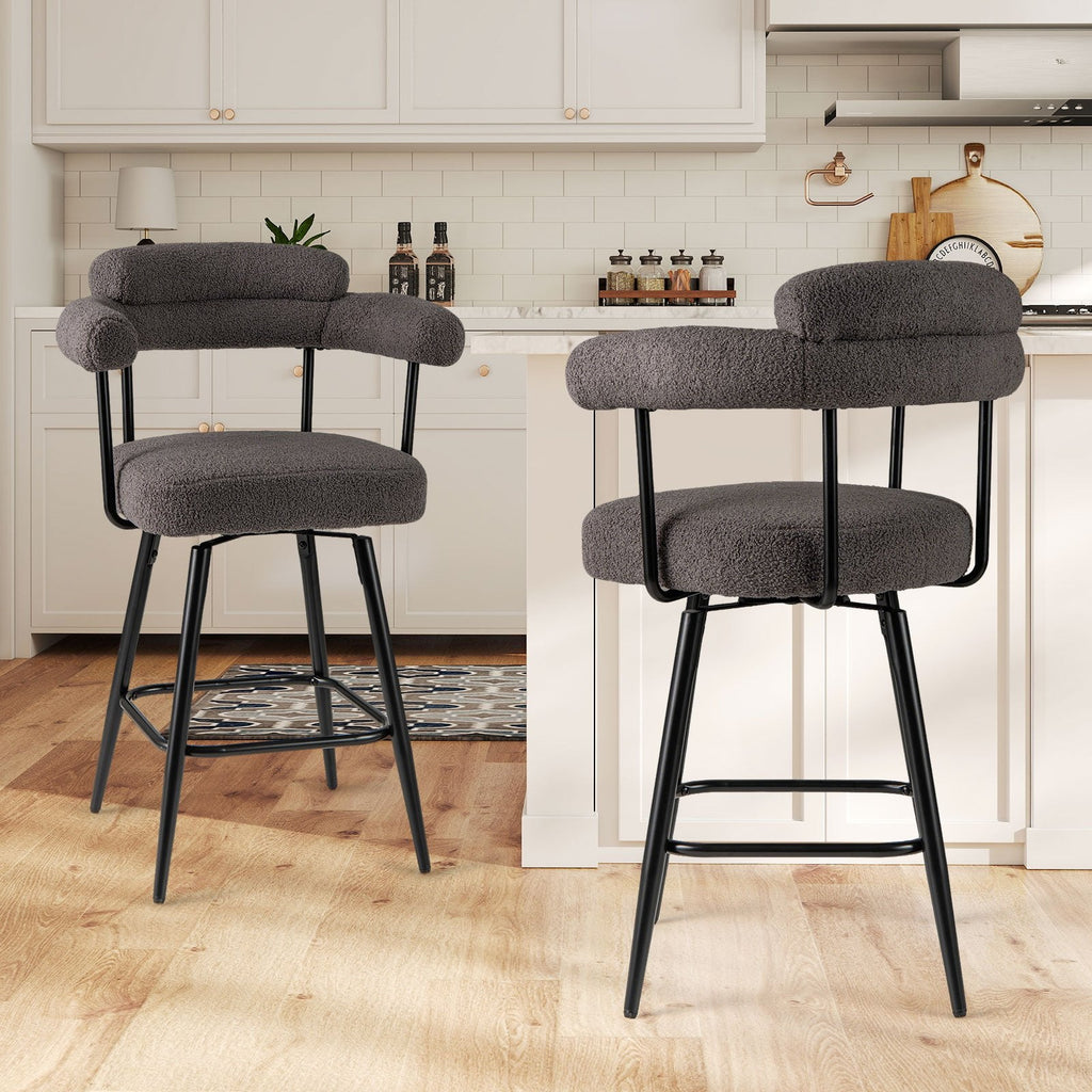 Set of 2 Boucle Swivel Counter Chairs with Arms in Grey, 27 Inch Seat Height