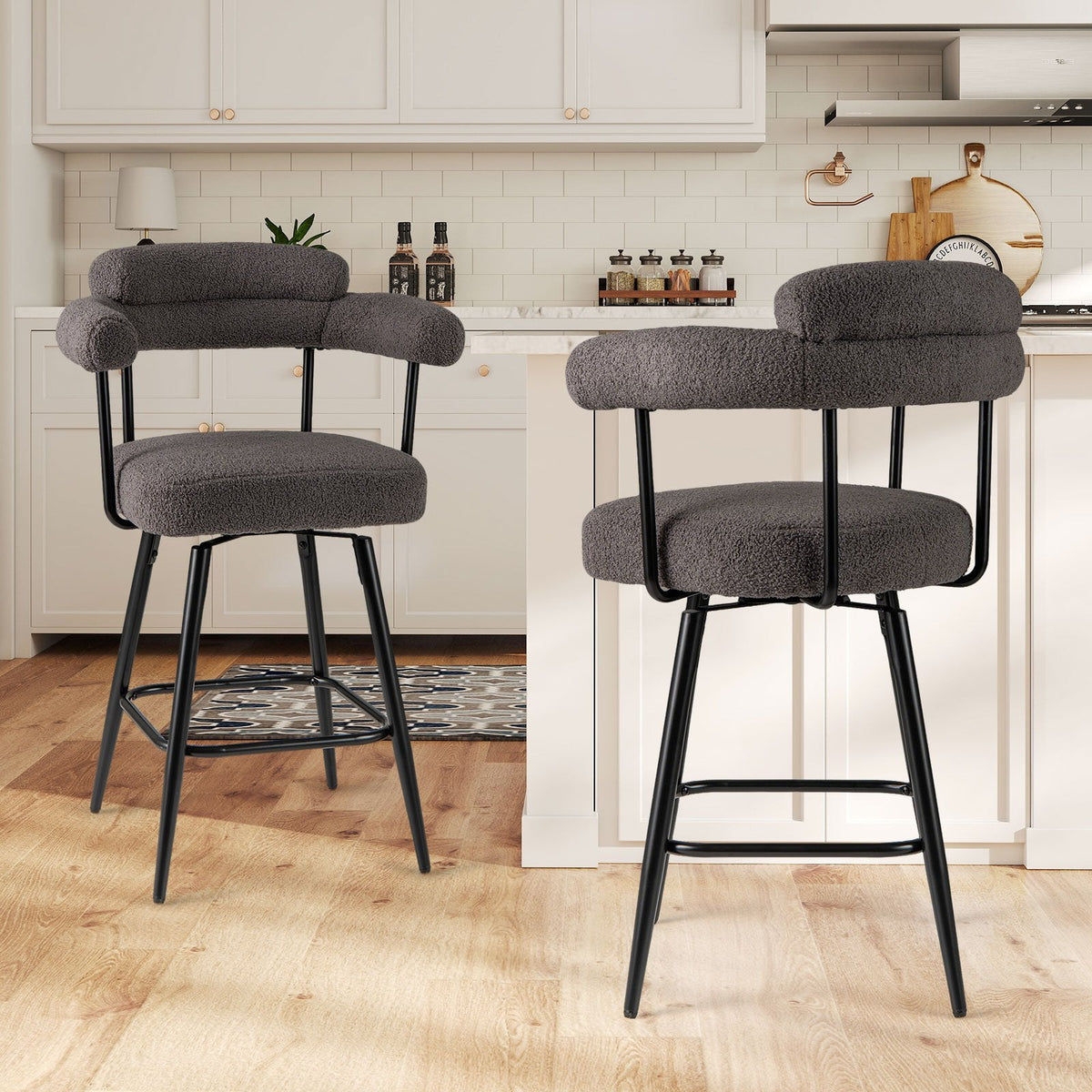 Set of 2 Boucle Swivel Counter Chairs with Arms in Grey, 27 Inch Seat Height
