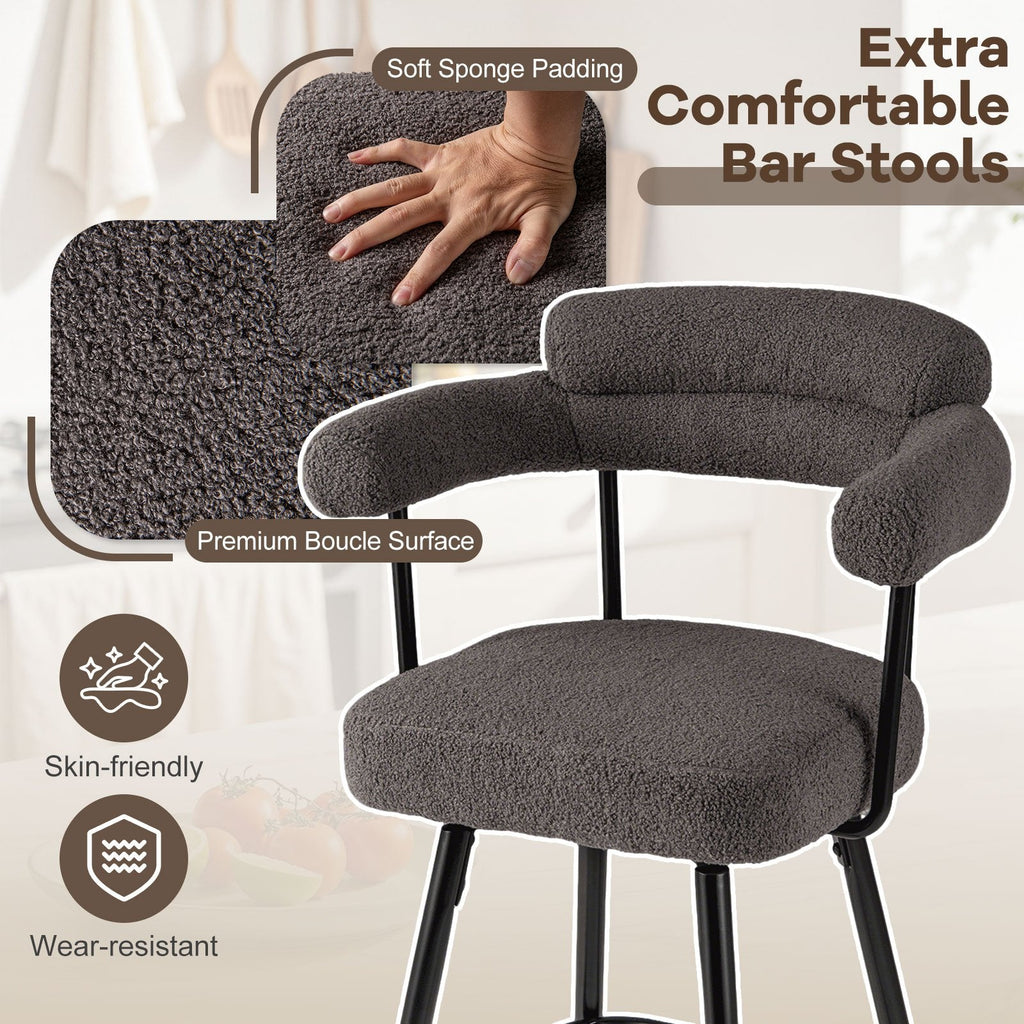Set of 2 Boucle Swivel Counter Chairs with Arms in Grey, 27 Inch Seat Height