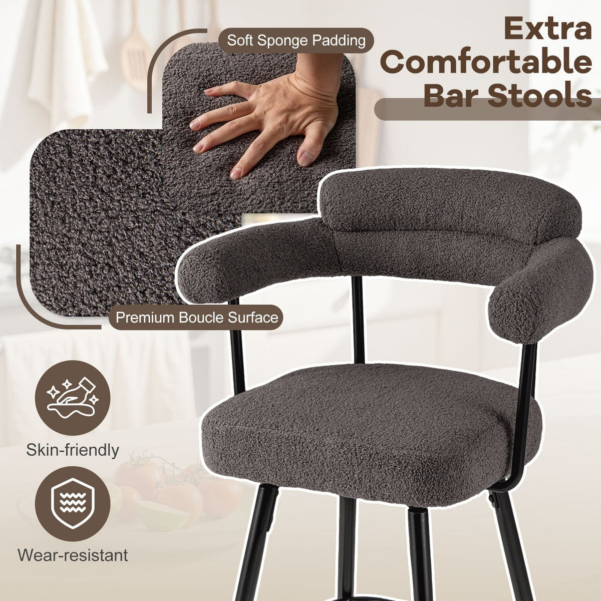 Set of 2 Boucle Swivel Counter Chairs with Arms in Grey, 27 Inch Seat Height