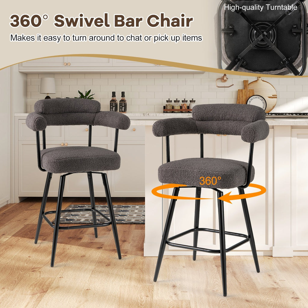Set of 2 Boucle Swivel Counter Chairs with Arms in Grey, 27 Inch Seat Height