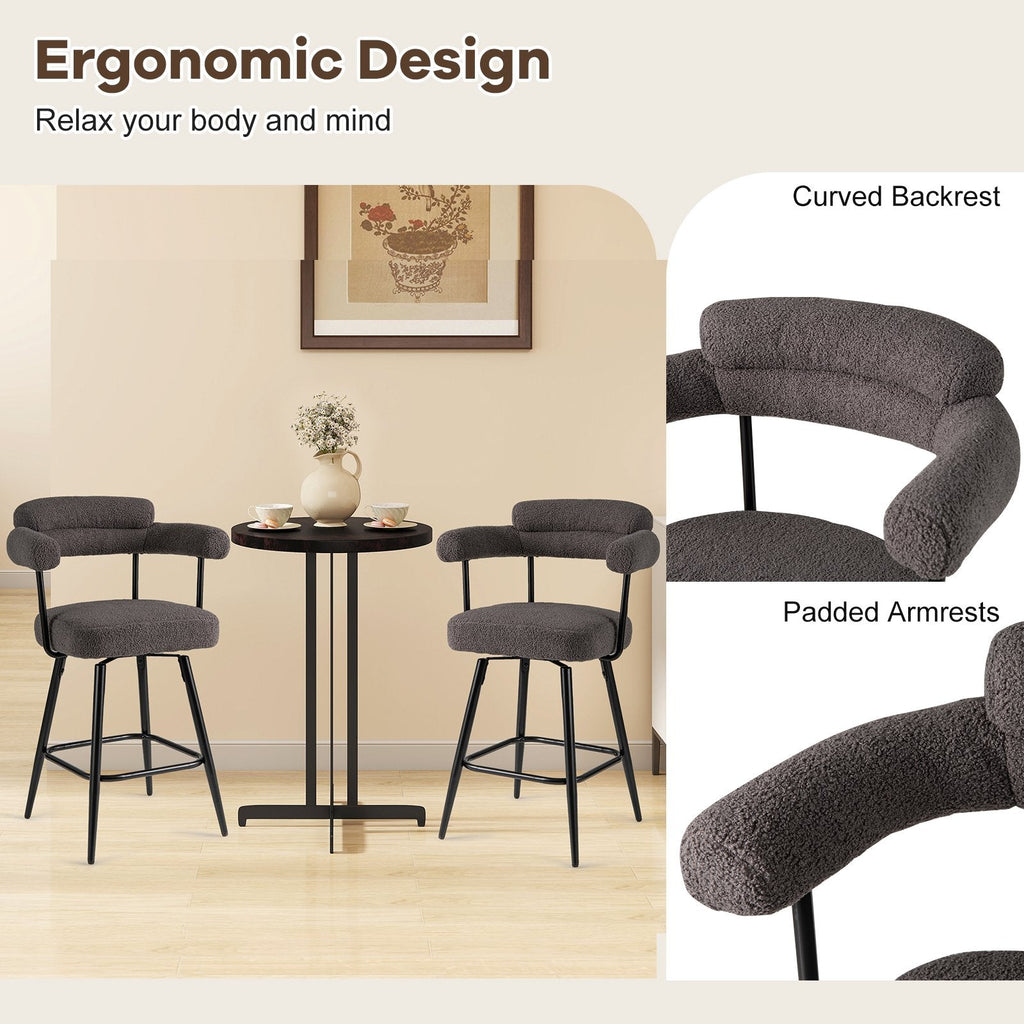Set of 2 Boucle Swivel Counter Chairs with Arms in Grey, 27 Inch Seat Height