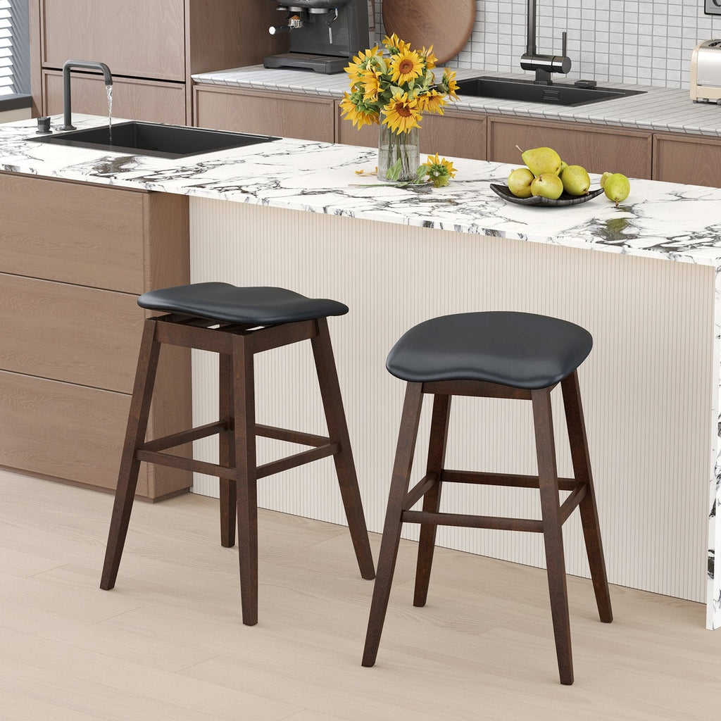 Set of 2 Backless Swivel Saddle Stools in Black PVC, 31 Inch Seat