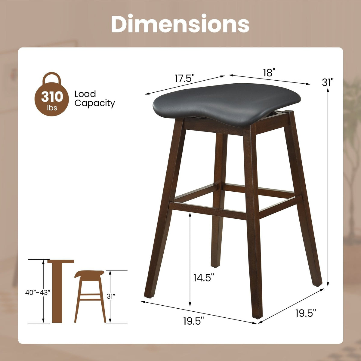 Set of 2 Backless Swivel Saddle Stools in Black PVC, 31 Inch Seat