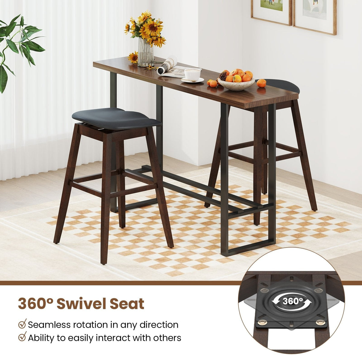 Set of 2 Backless Swivel Saddle Stools in Black PVC, 31 Inch Seat