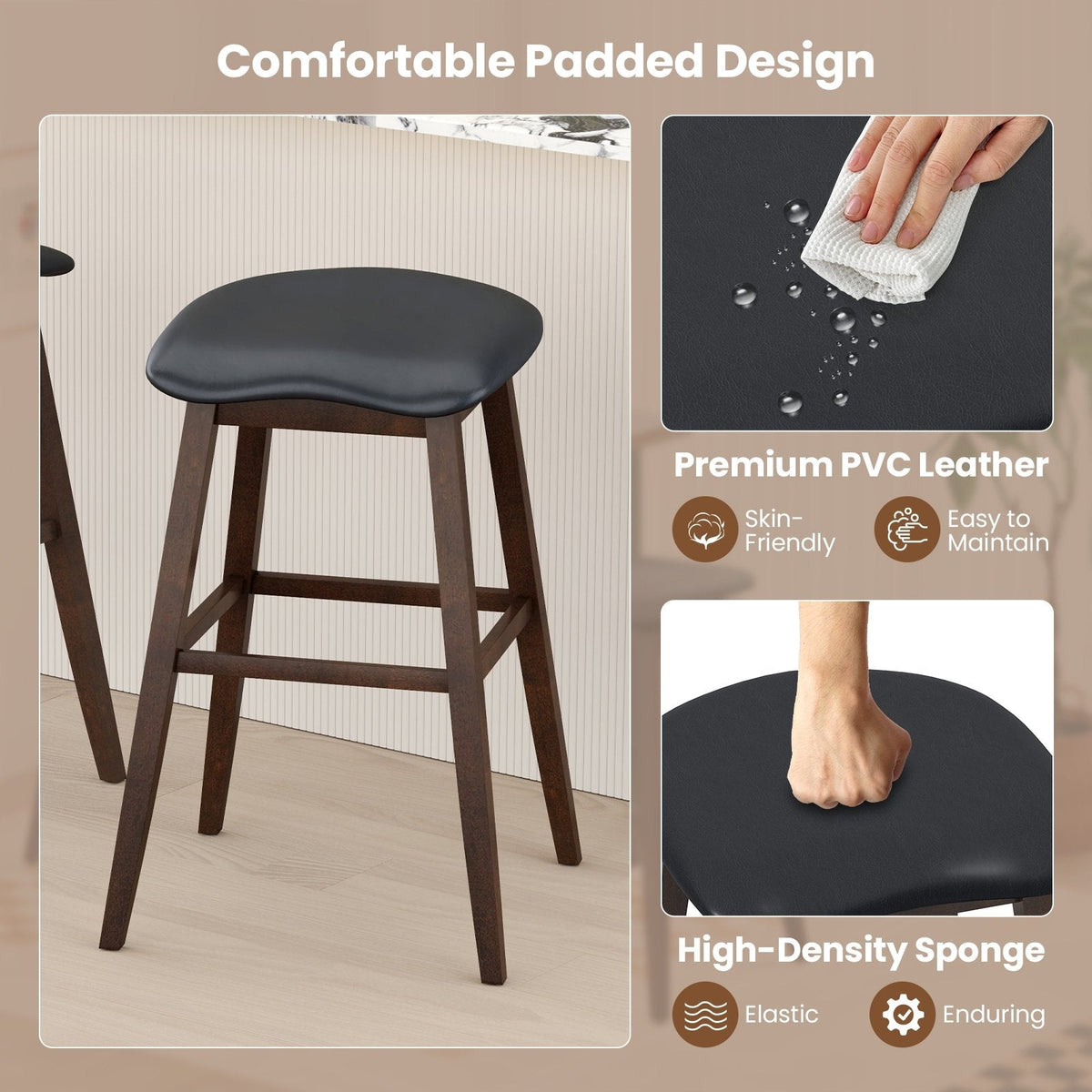Set of 2 Backless Swivel Saddle Stools in Black PVC, 31 Inch Seat