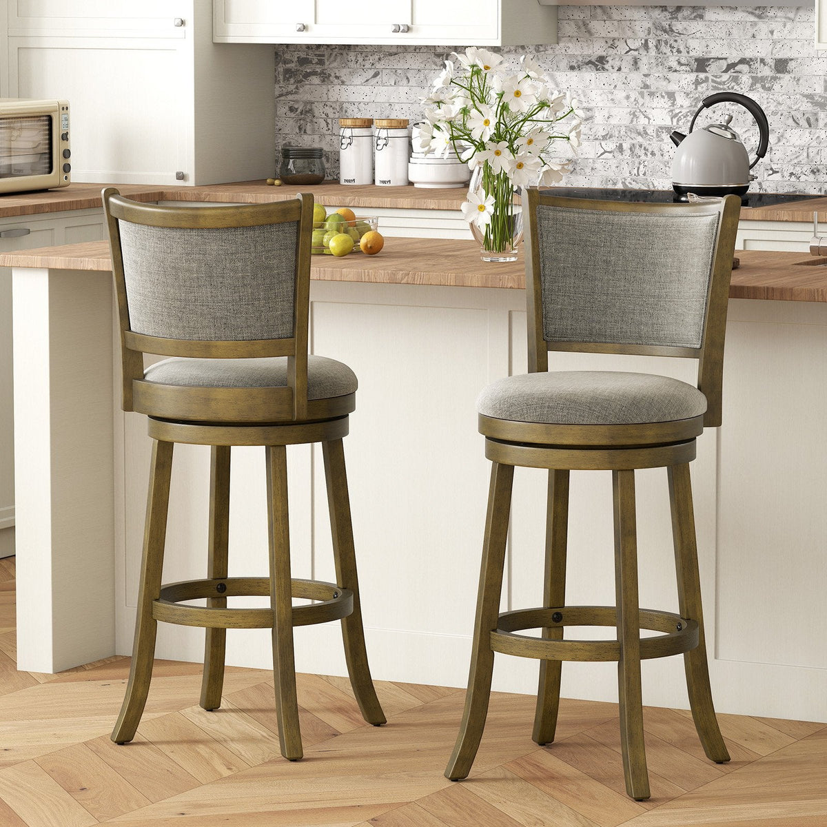 Set of 2 Padded Back Swivel Bar Stools in Grey Linen, 30 Inch Seat