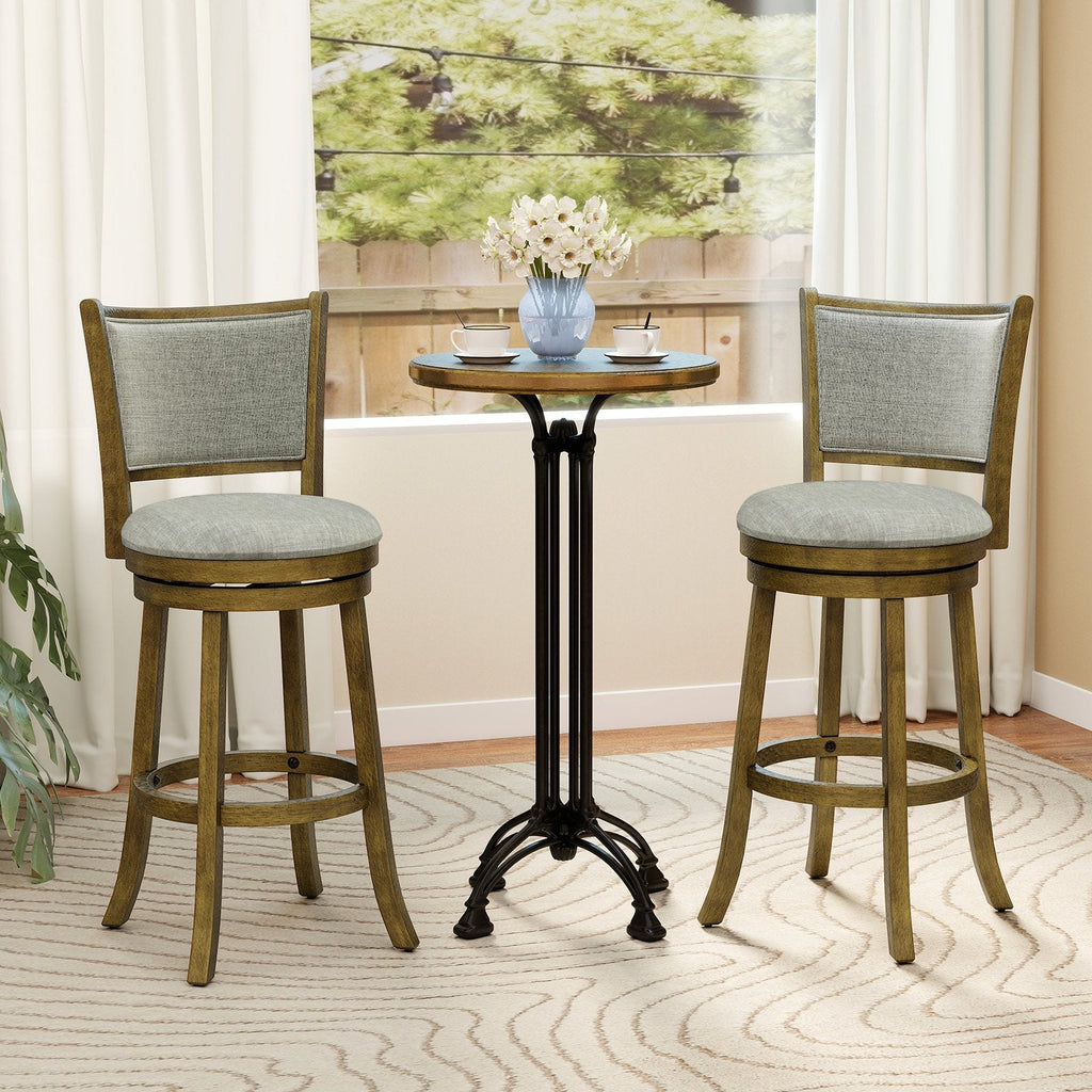 Set of 2 Padded Back Swivel Bar Stools in Grey Linen, 30 Inch Seat