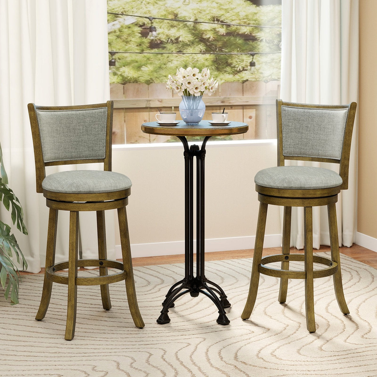 Set of 2 Padded Back Swivel Bar Stools in Grey Linen, 30 Inch Seat