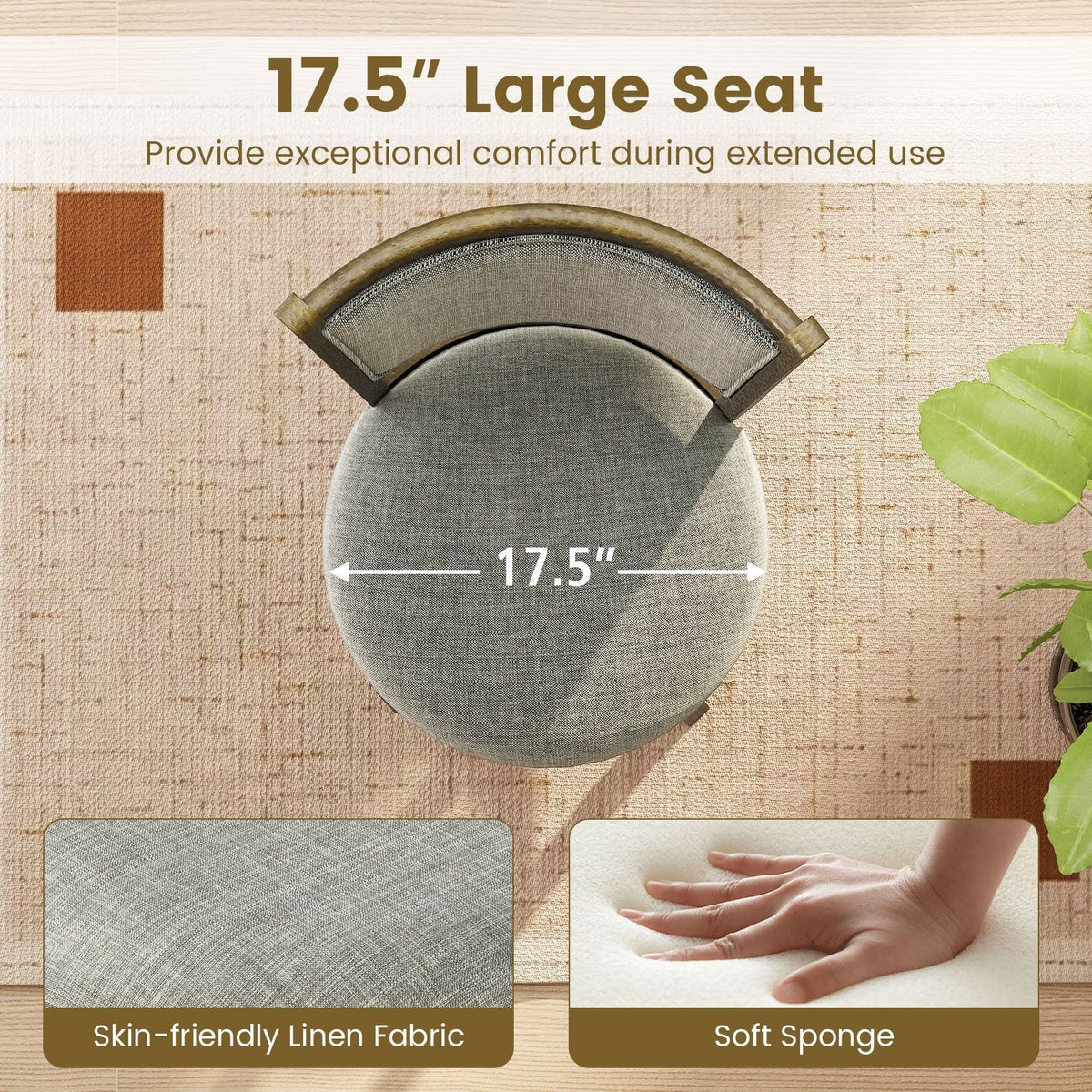 Set of 2 Padded Back Swivel Bar Stools in Grey Linen, 30 Inch Seat