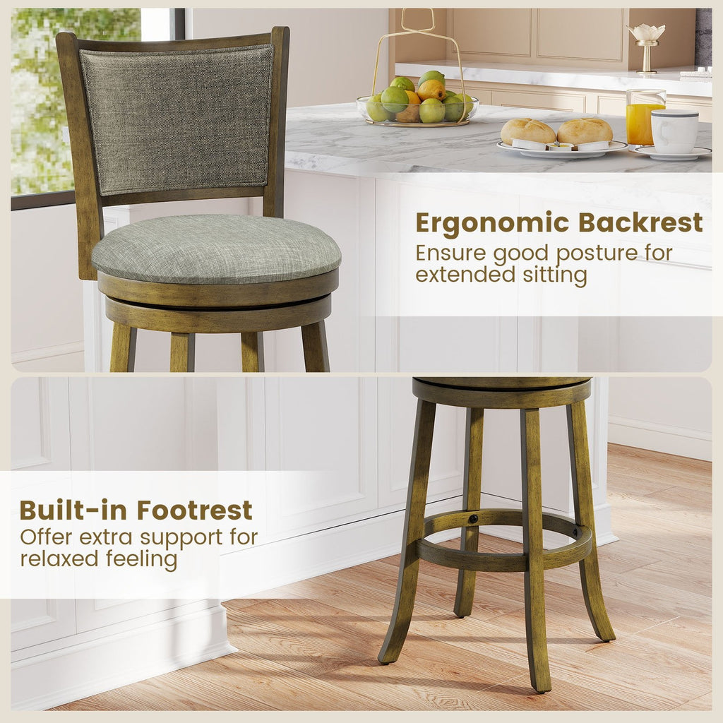 Set of 2 Padded Back Swivel Bar Stools in Grey Linen, 30 Inch Seat