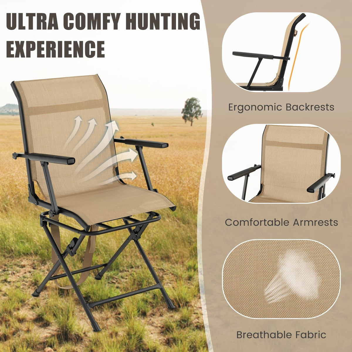 Foldable Swivel Patio Chair with Armrest and Mesh Back-Coffee
