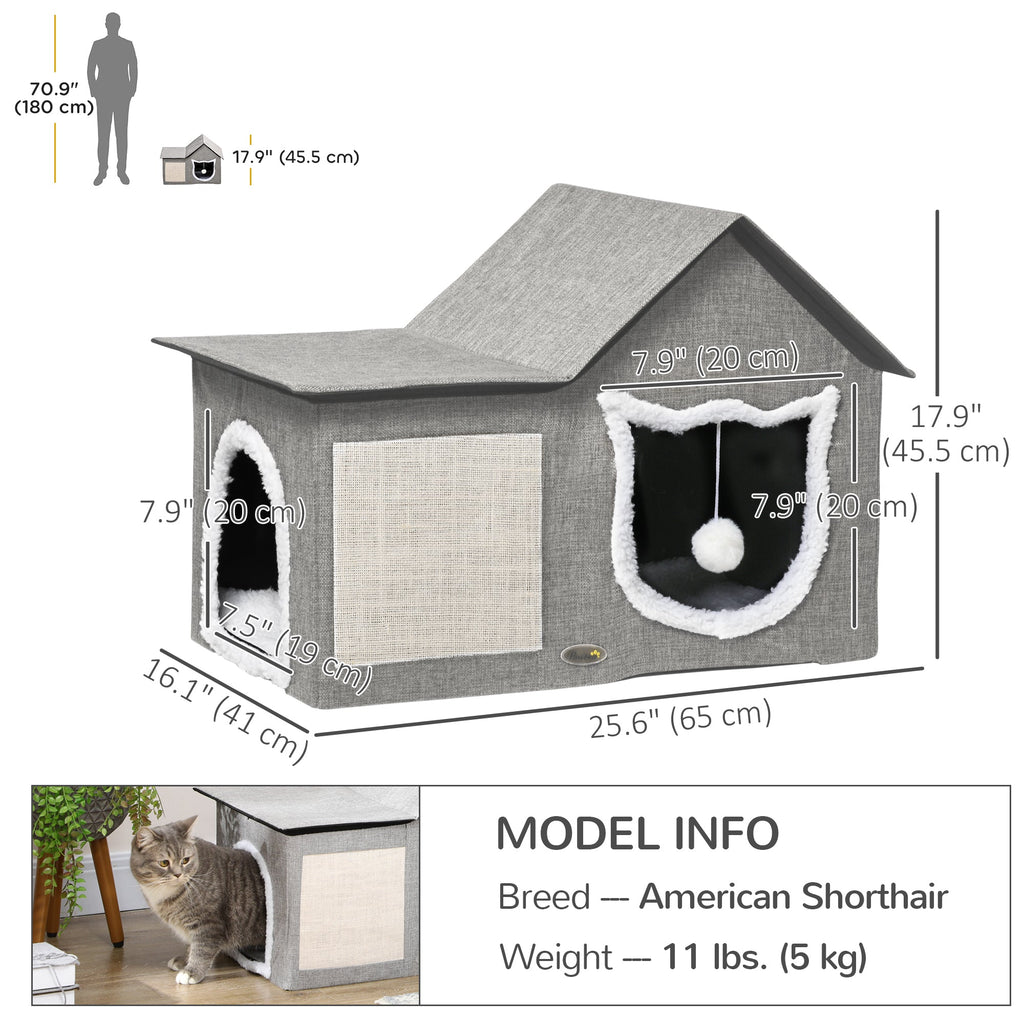 Large Cat Bed for Indoor, Cat House Hideaway with Soft Cushion, Scratching Pad, Dangling Ball, Dual Entrances, Grey