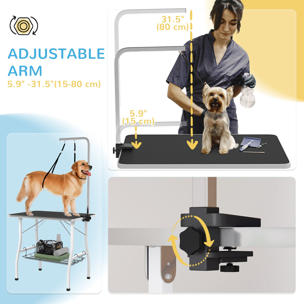 Dog Grooming Table w/ Adjustable Arm, Mesh Tray, Two Nooses, Rubber Surface, 35" x 24" x 61", Black