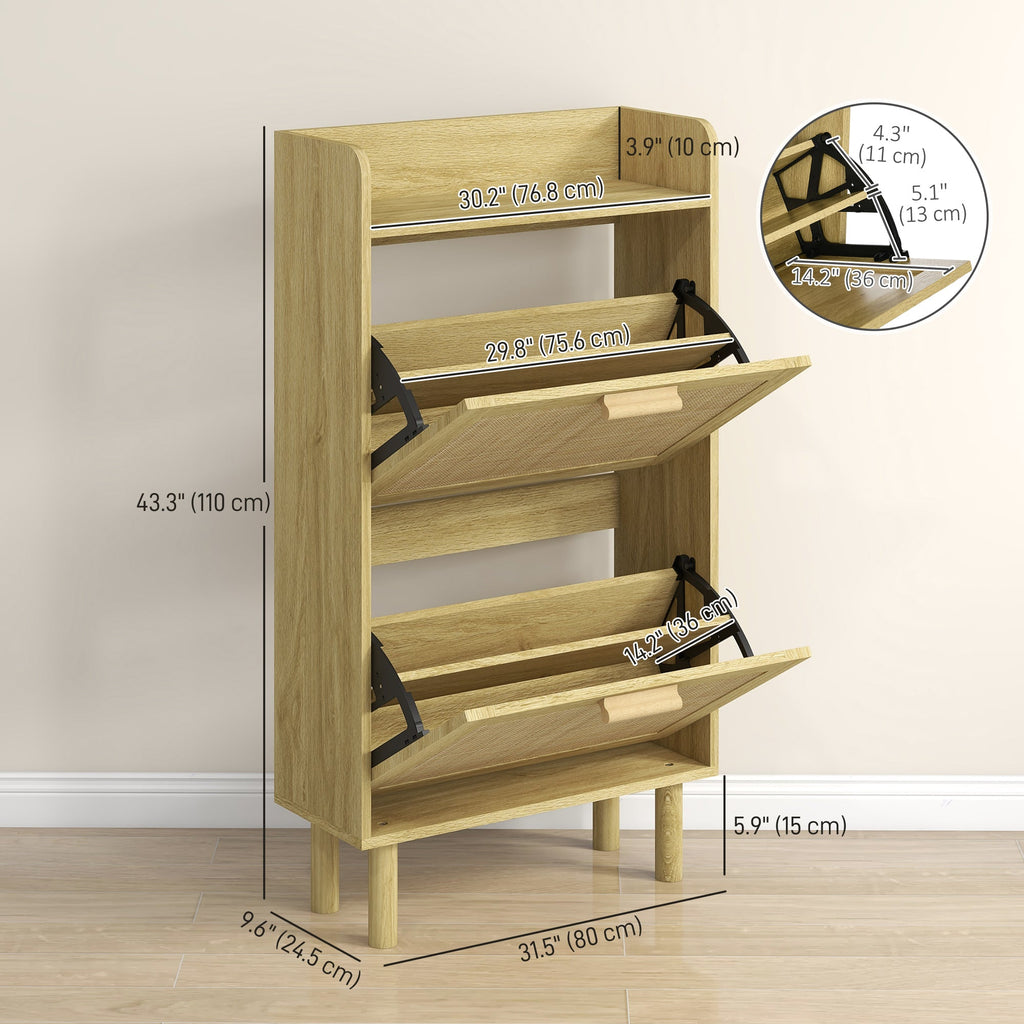 Slim Shoe Storage with 2 Flip Drawers and Adjustable Shelves, Rattan Shoe Cabinet Organizer for 12 Pair, Oak