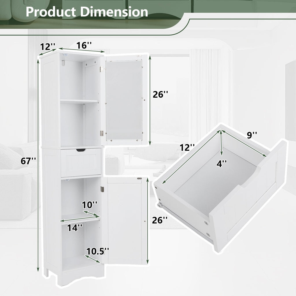 Tall Floor Storage Cabinet with 2 Doors and 1 Drawer for Bathroom-White