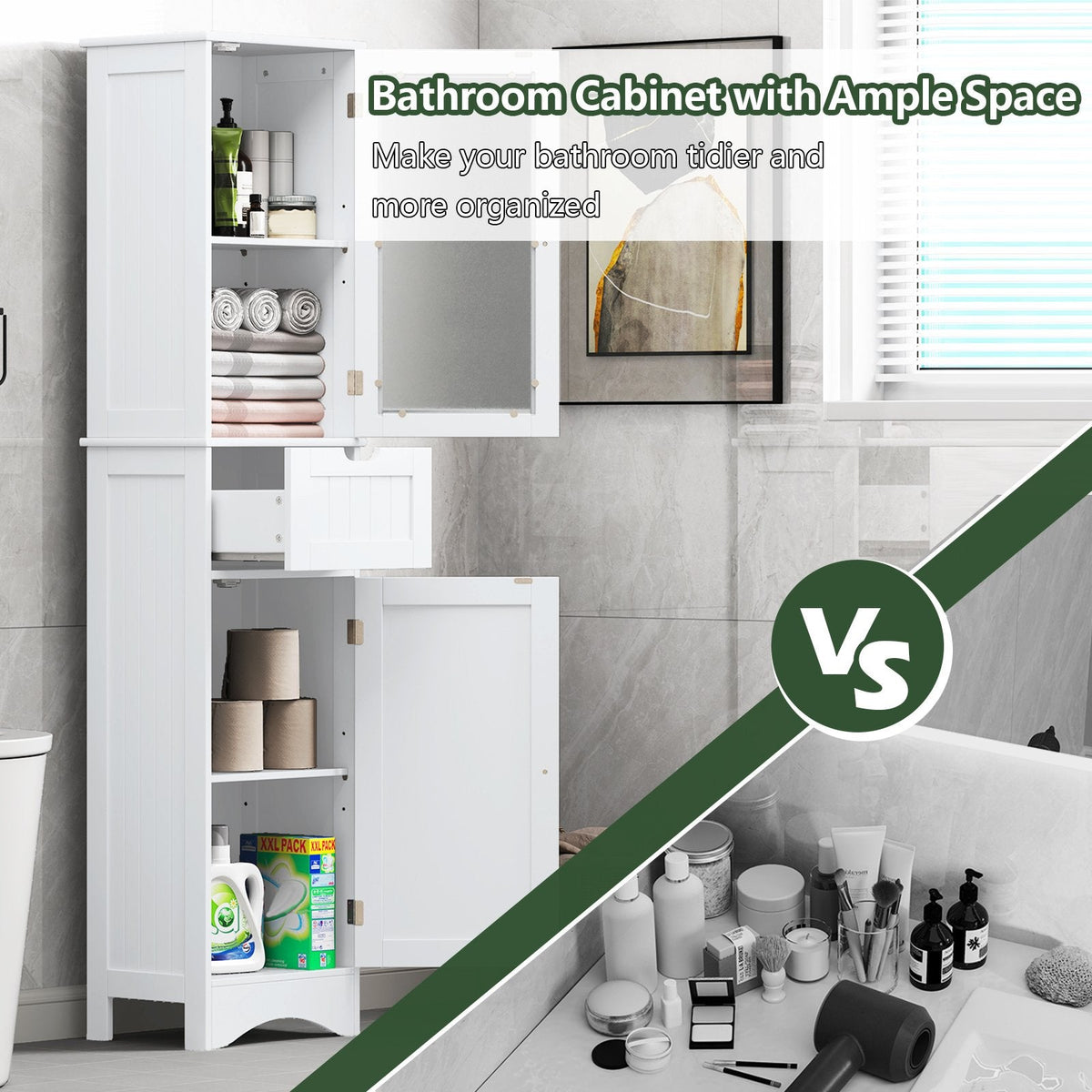 Tall Floor Storage Cabinet with 2 Doors and 1 Drawer for Bathroom-White