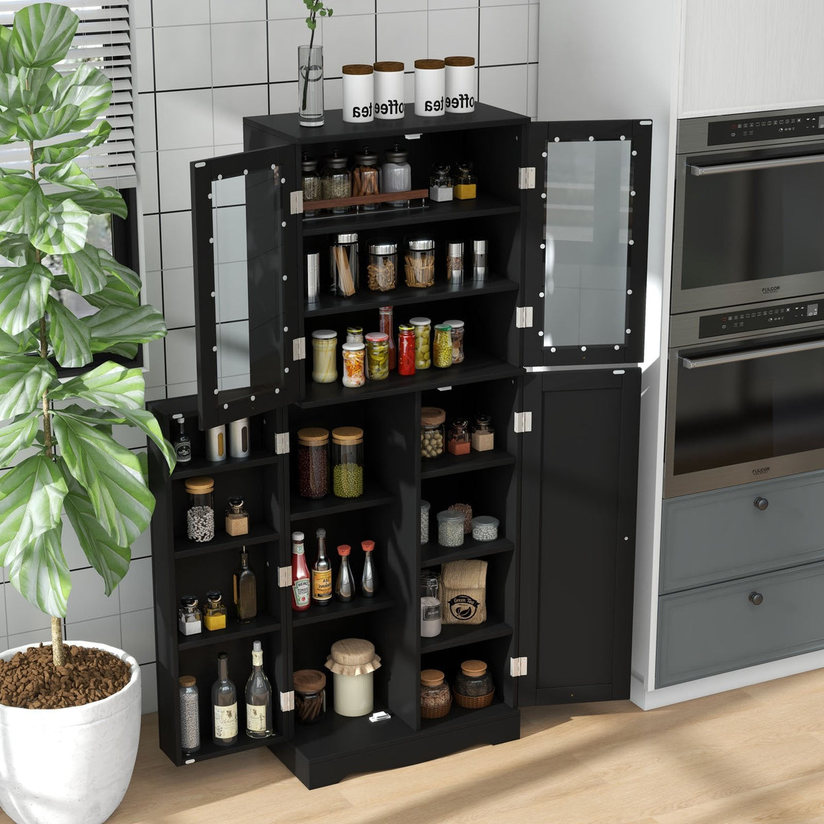 Tall Kitchen Pantry Cabinet with Dual Tempered Glass Doors and Shelves-Black