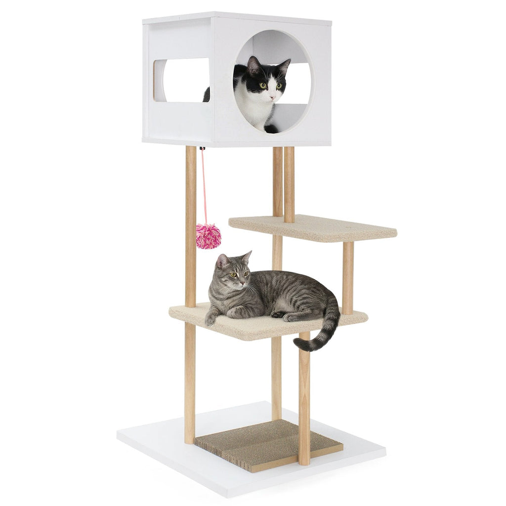 40 Inch White Wood Cat Tower with Two Corrugated Cardboard Scratchers