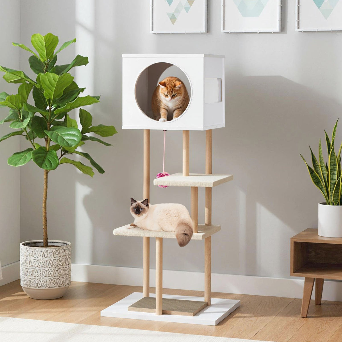 40 Inch White Wood Cat Tower with Two Corrugated Cardboard Scratchers