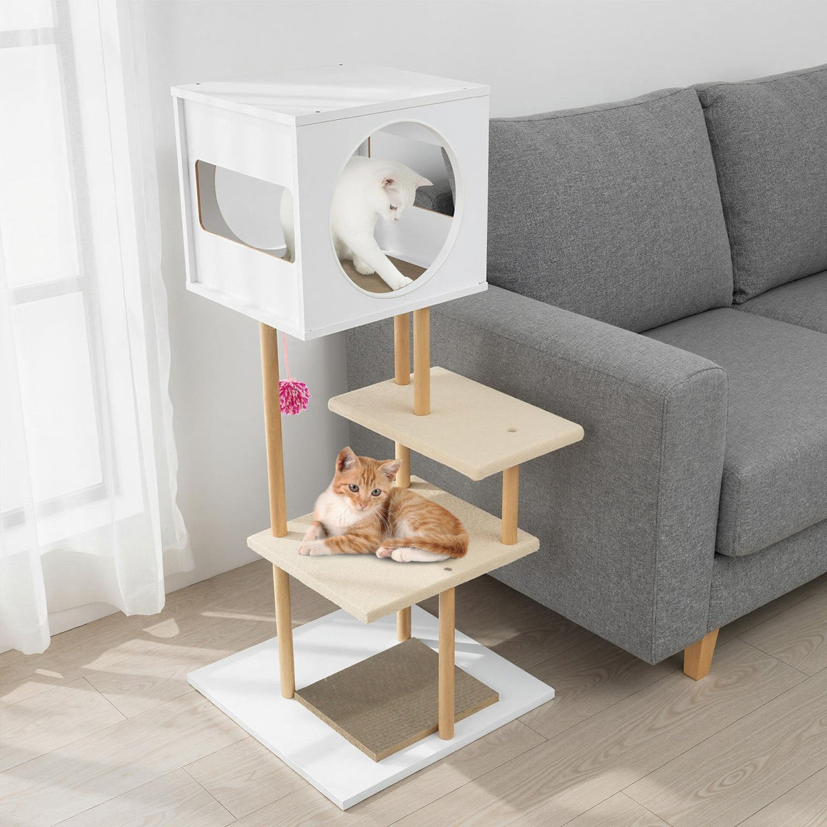 40 Inch White Wood Cat Tower with Two Corrugated Cardboard Scratchers