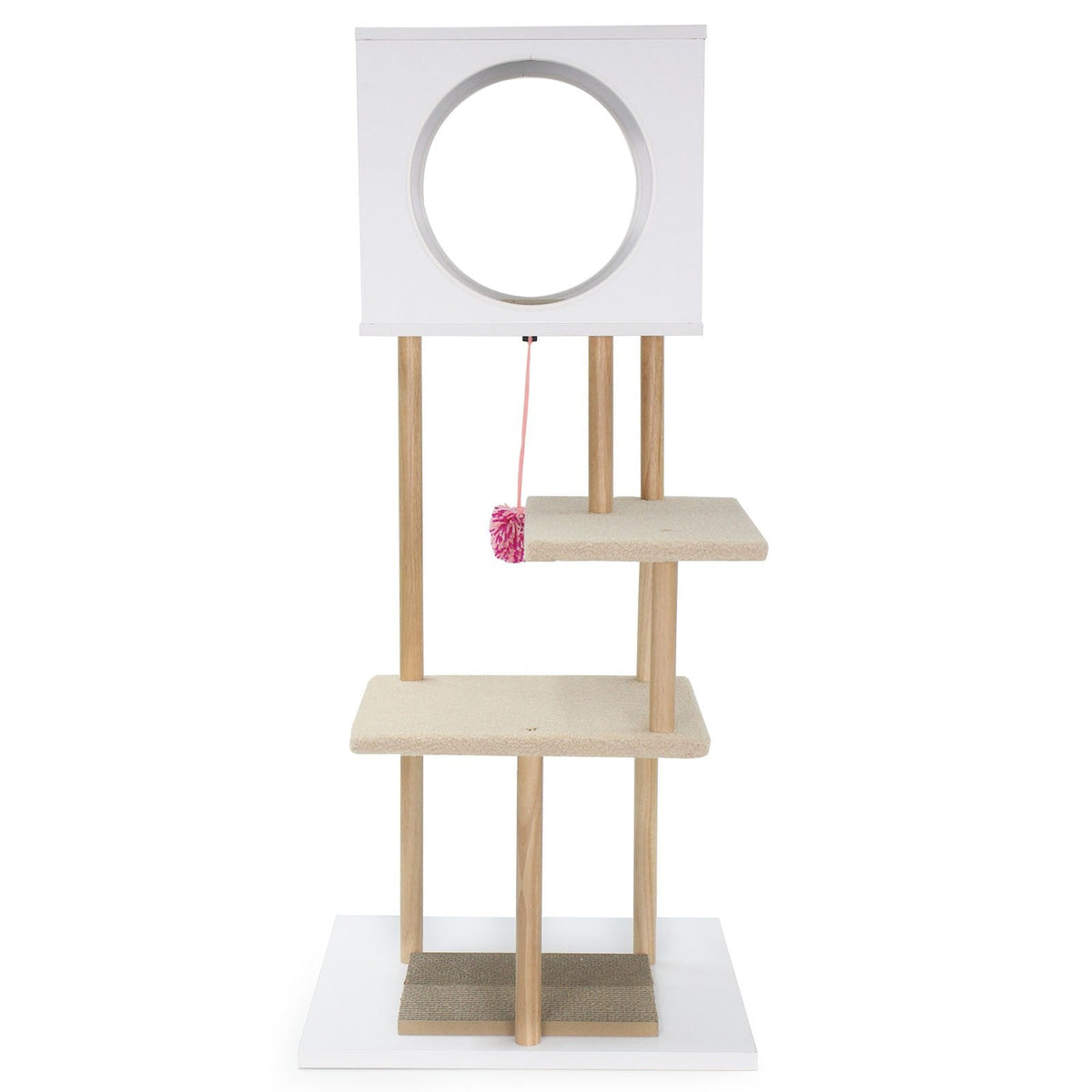 40 Inch White Wood Cat Tower with Two Corrugated Cardboard Scratchers