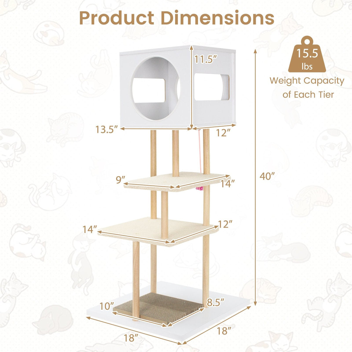 40 Inch White Wood Cat Tower with Two Corrugated Cardboard Scratchers