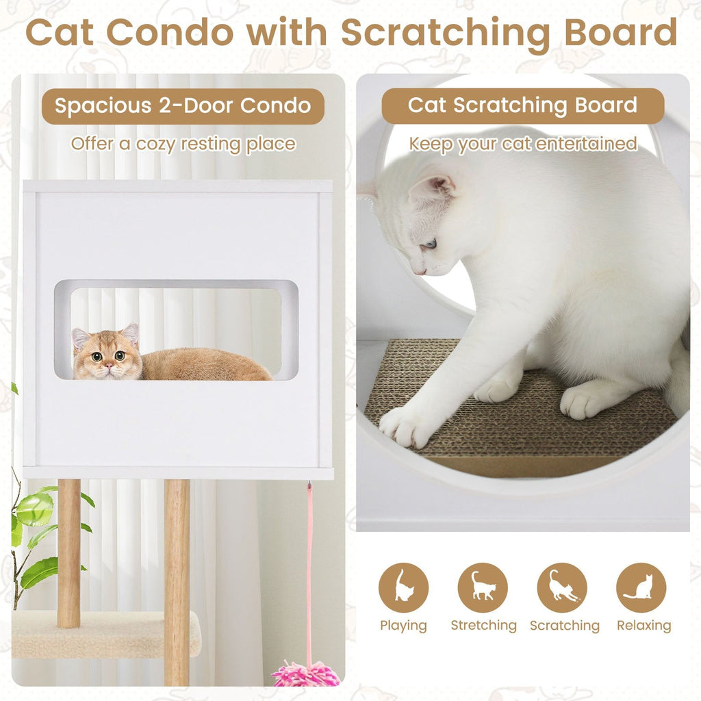 40 Inch White Wood Cat Tower with Two Corrugated Cardboard Scratchers