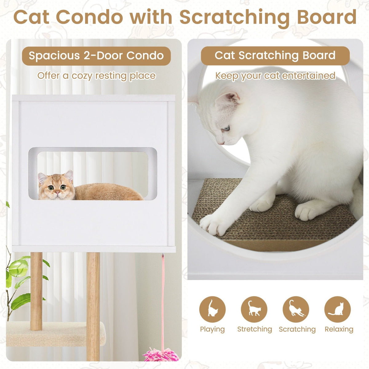 40 Inch White Wood Cat Tower with Two Corrugated Cardboard Scratchers