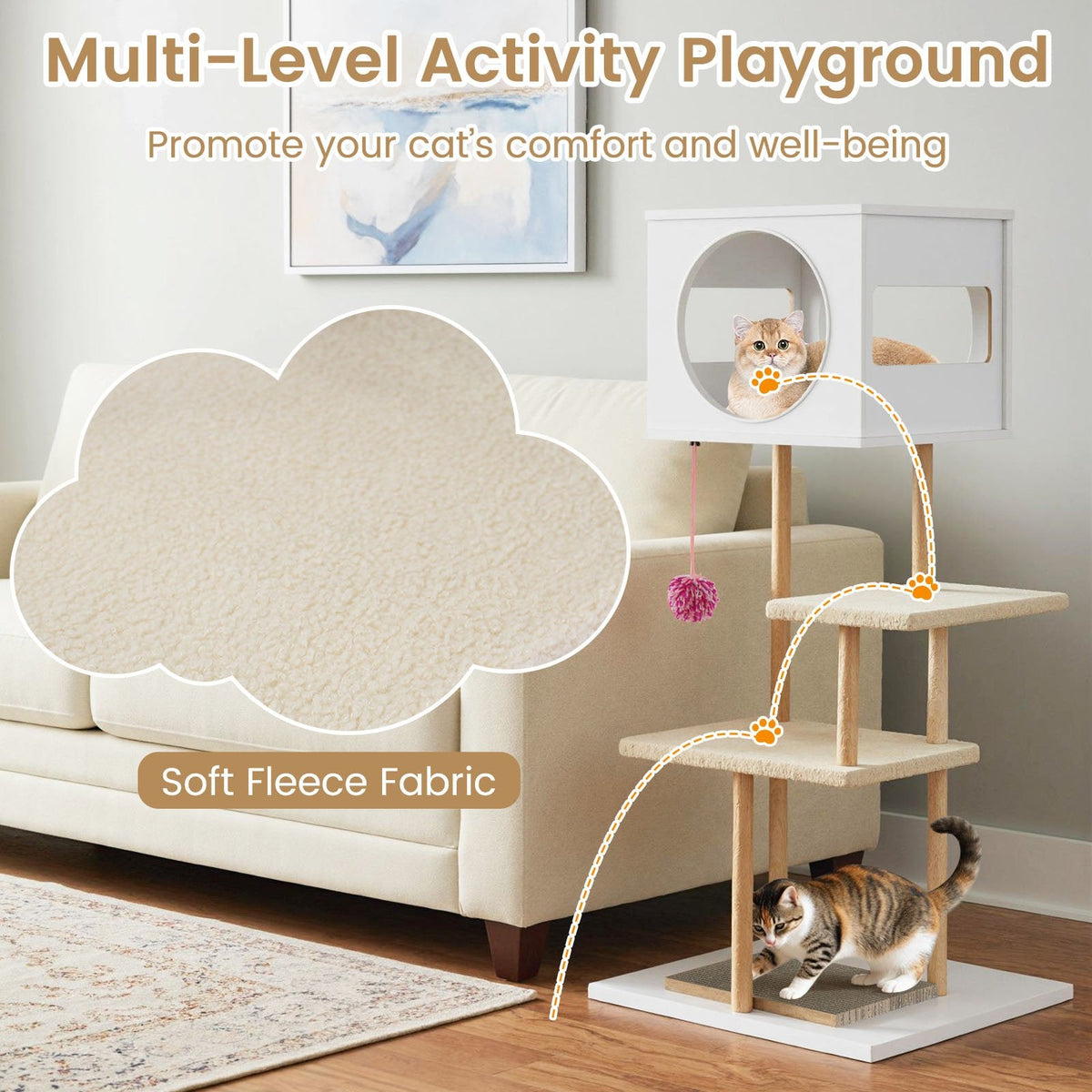 40 Inch White Wood Cat Tower with Two Corrugated Cardboard Scratchers