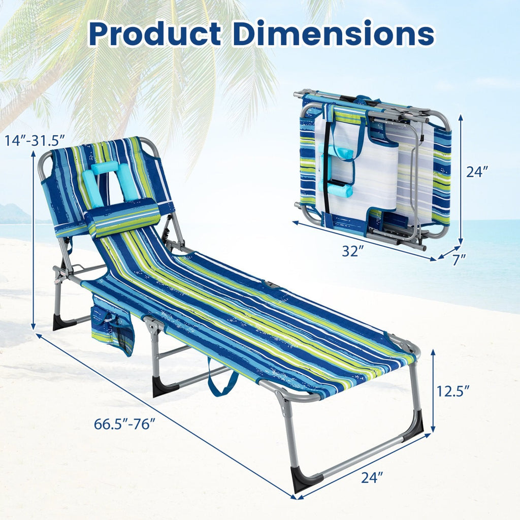 Folding Beach Tanning Chair with Face Hole and Carry Handles, Blue and Green Stripe