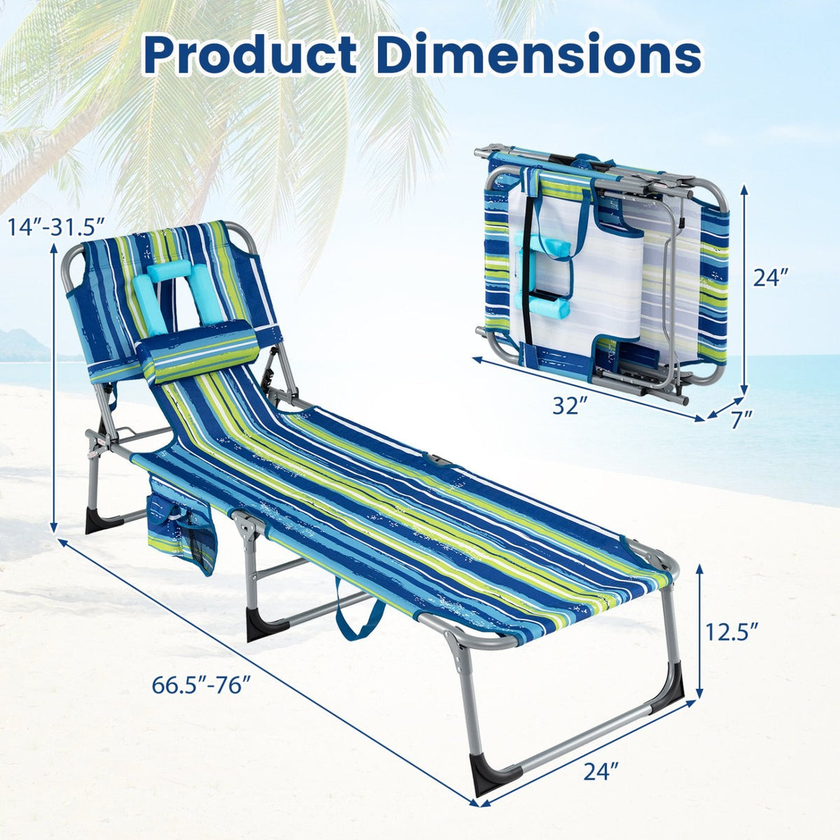 Folding Beach Tanning Chair with Face Hole and Carry Handles, Blue and Green Stripe