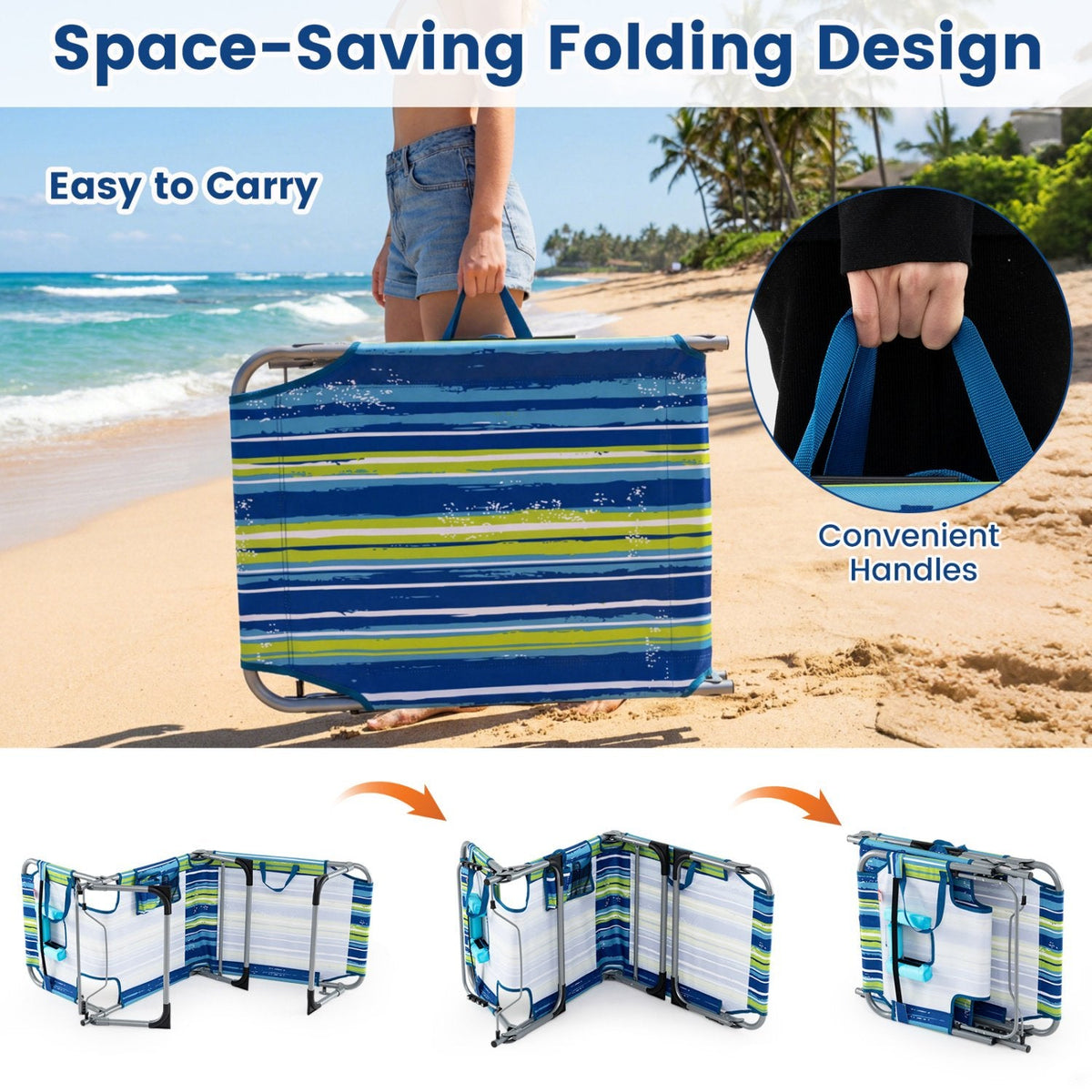 Folding Beach Tanning Chair with Face Hole and Carry Handles, Blue and Green Stripe
