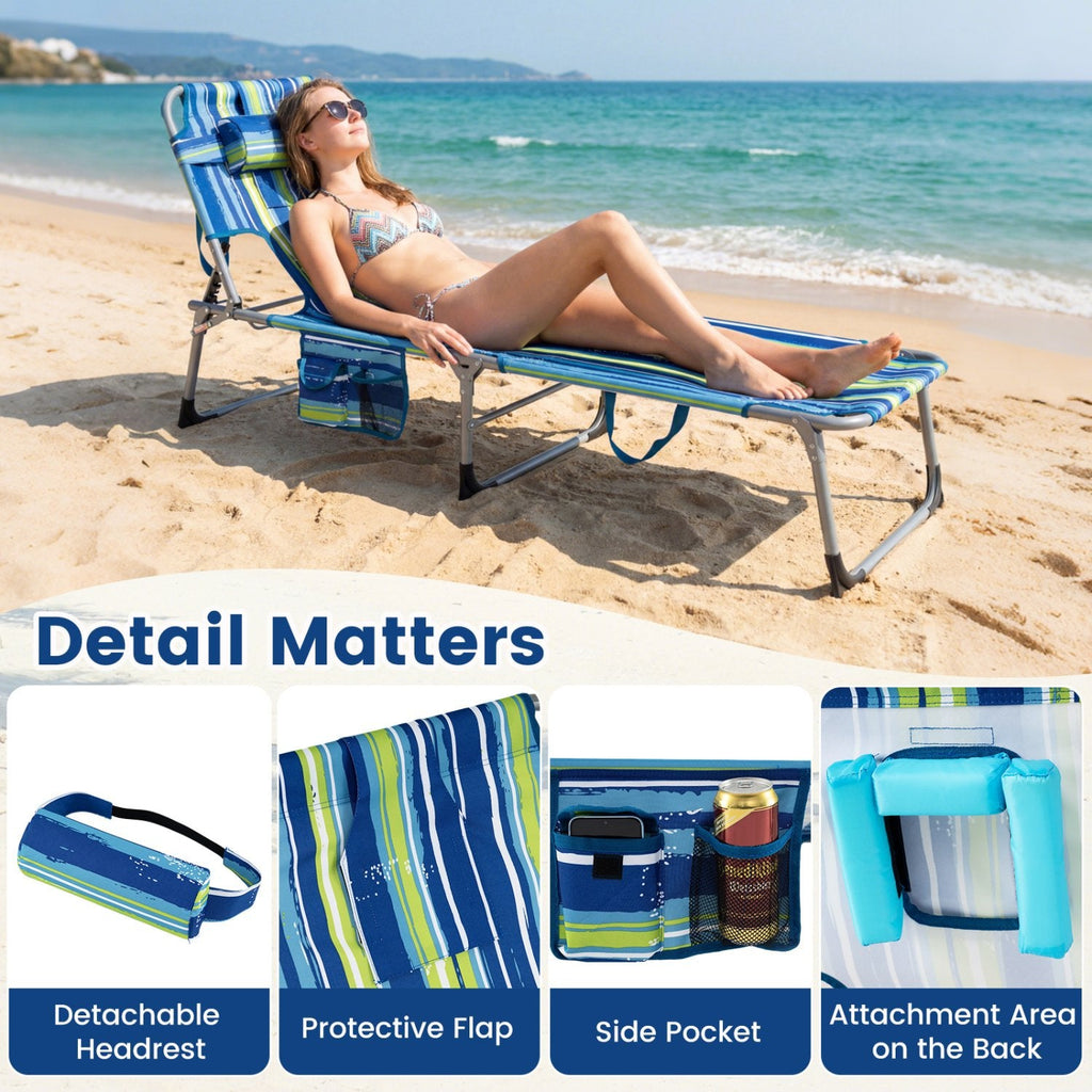 Folding Beach Tanning Chair with Face Hole and Carry Handles, Blue and Green Stripe