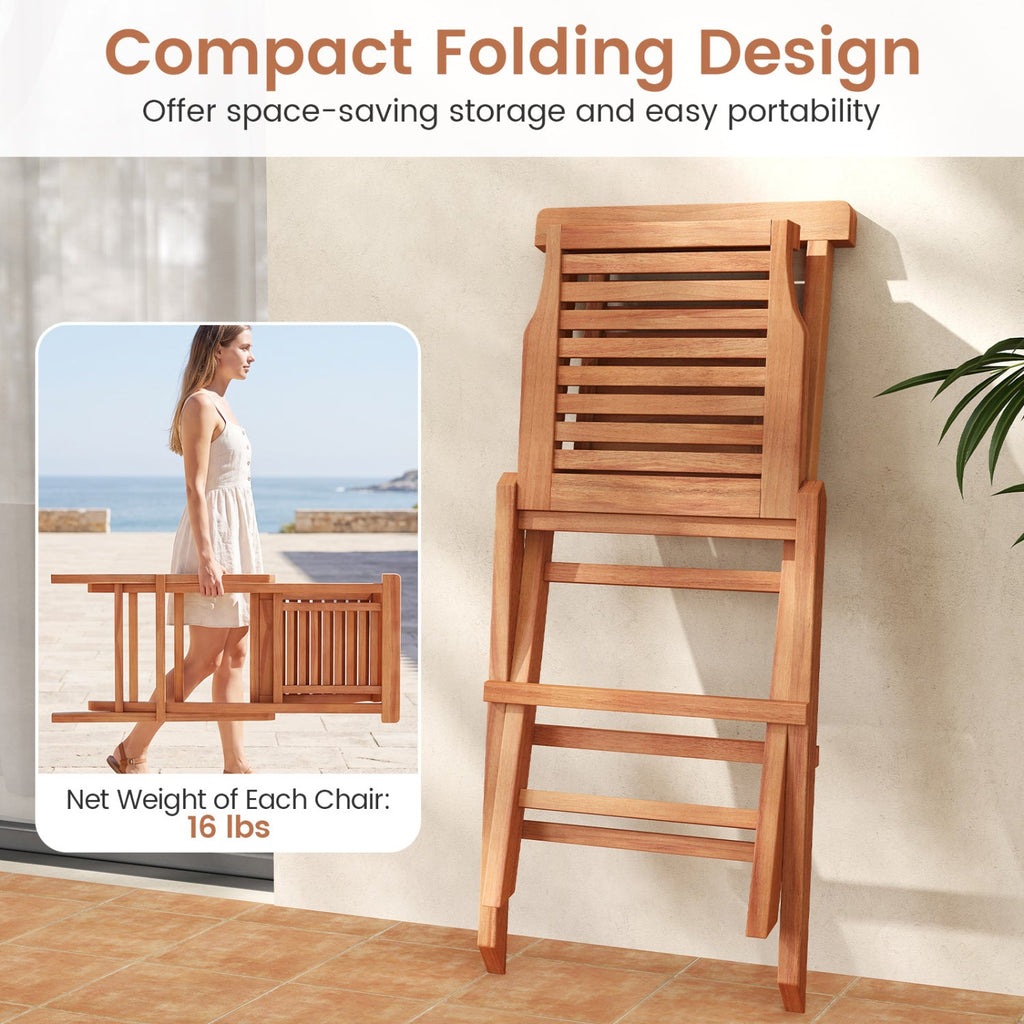 Teak Wood Folding Patio Chairs Set of 2 with X-Support & High Backrest for Backyard