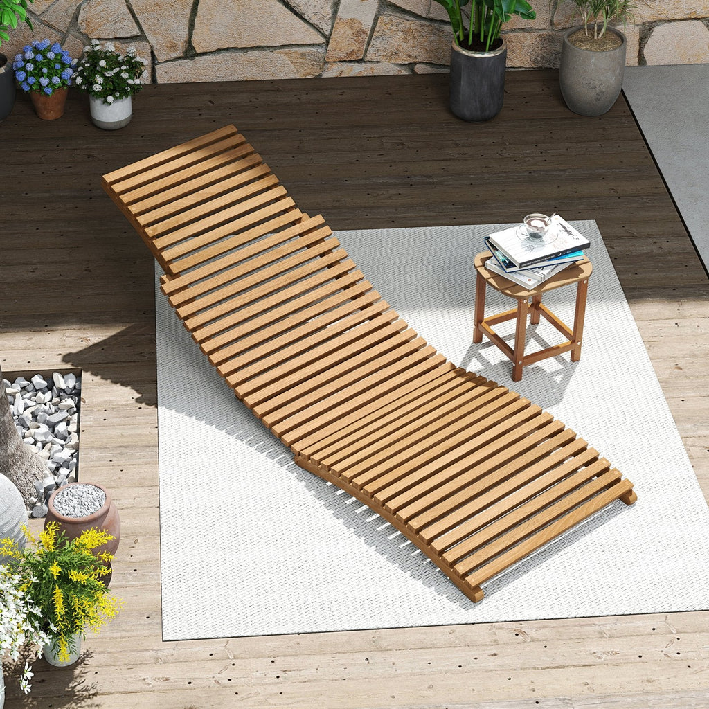 Teak Wood Folding Chaise Lounge with Slatted Contoured Seat, 330 lb