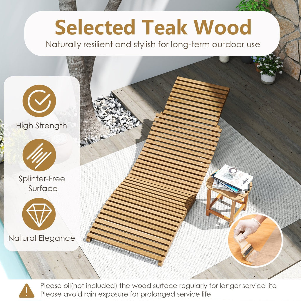Teak Wood Folding Chaise Lounge with Slatted Contoured Seat, 330 lb
